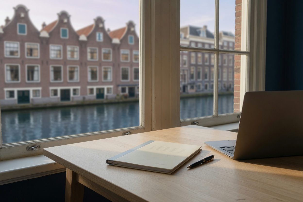 Closed folder and pen on an oak desk beside a canal window
